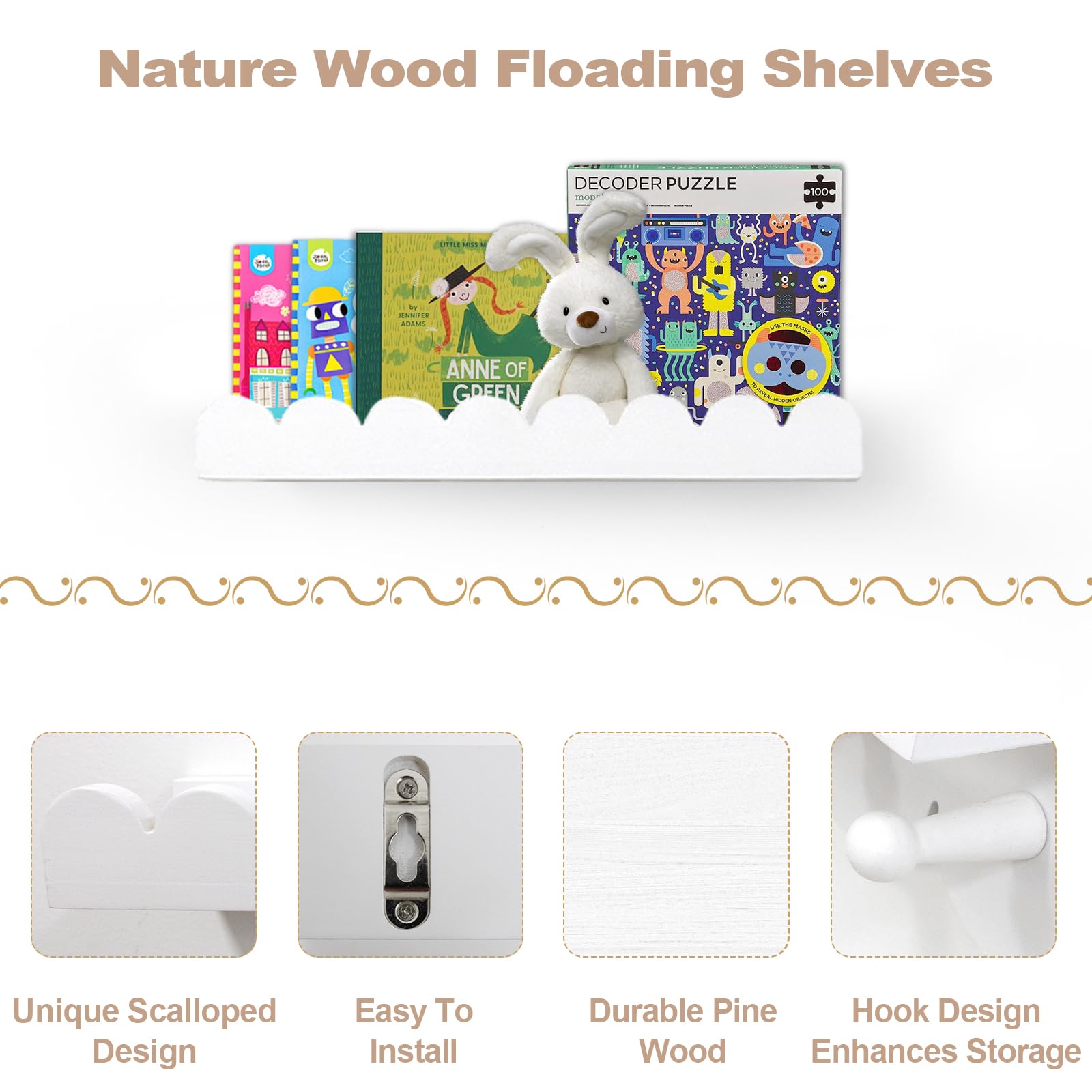 Iswabard natural pine nursery shelves closeup shows safe, sustainable materials.