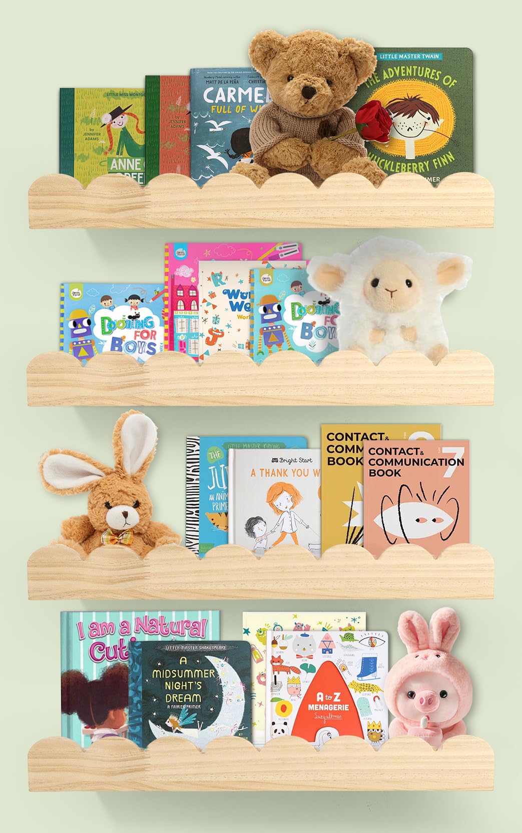 Iswabard nursery shelves hero on wall showing four floating scalloped shelves for organized storage