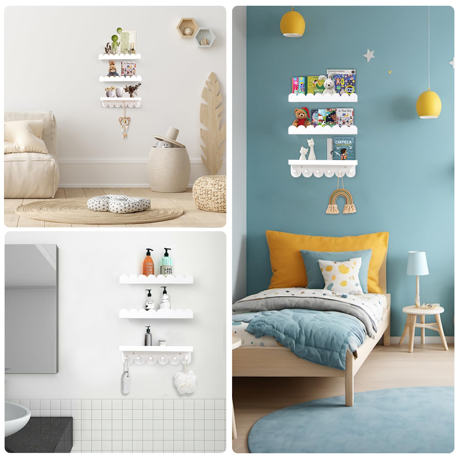 Iswabard scalloped-edge shelves add modern warmth and organized display.