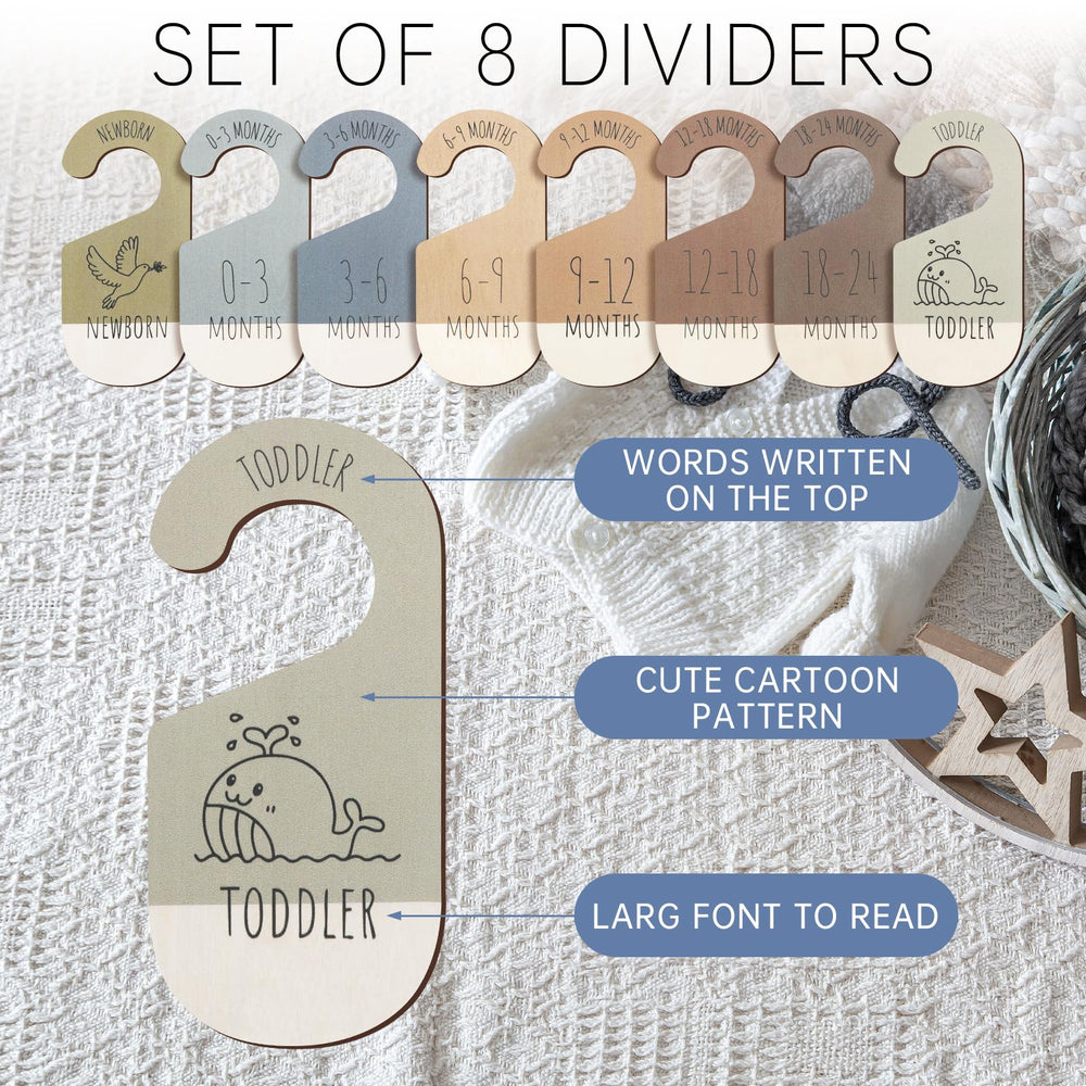 ITDYB eight-piece set of wooden dividers arranged on a shelf for easy size sorting