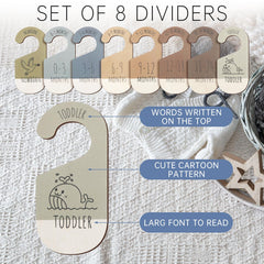 ITDYB eight-piece set of wooden dividers arranged on a shelf for easy size sorting
