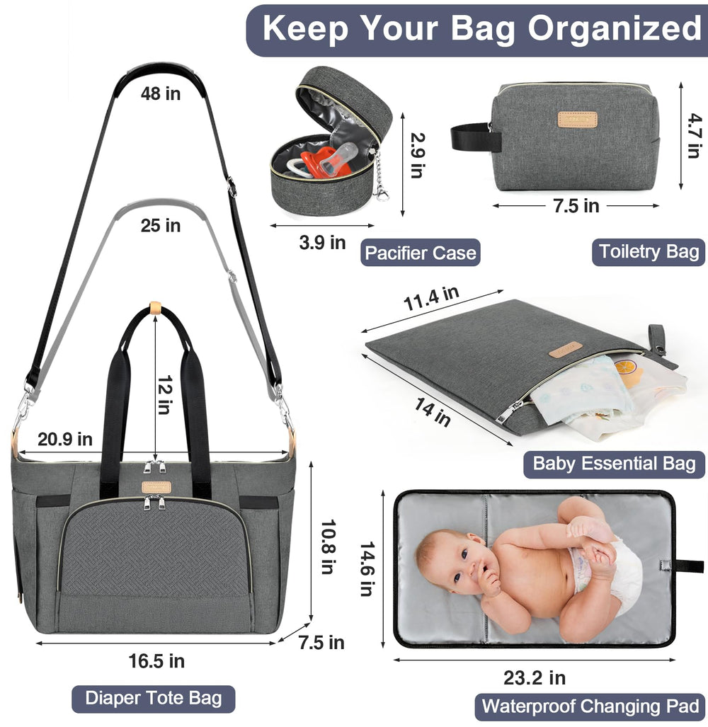 ITIEZY diaper bag tote interior layout showing multiple pockets for bottles and diapers