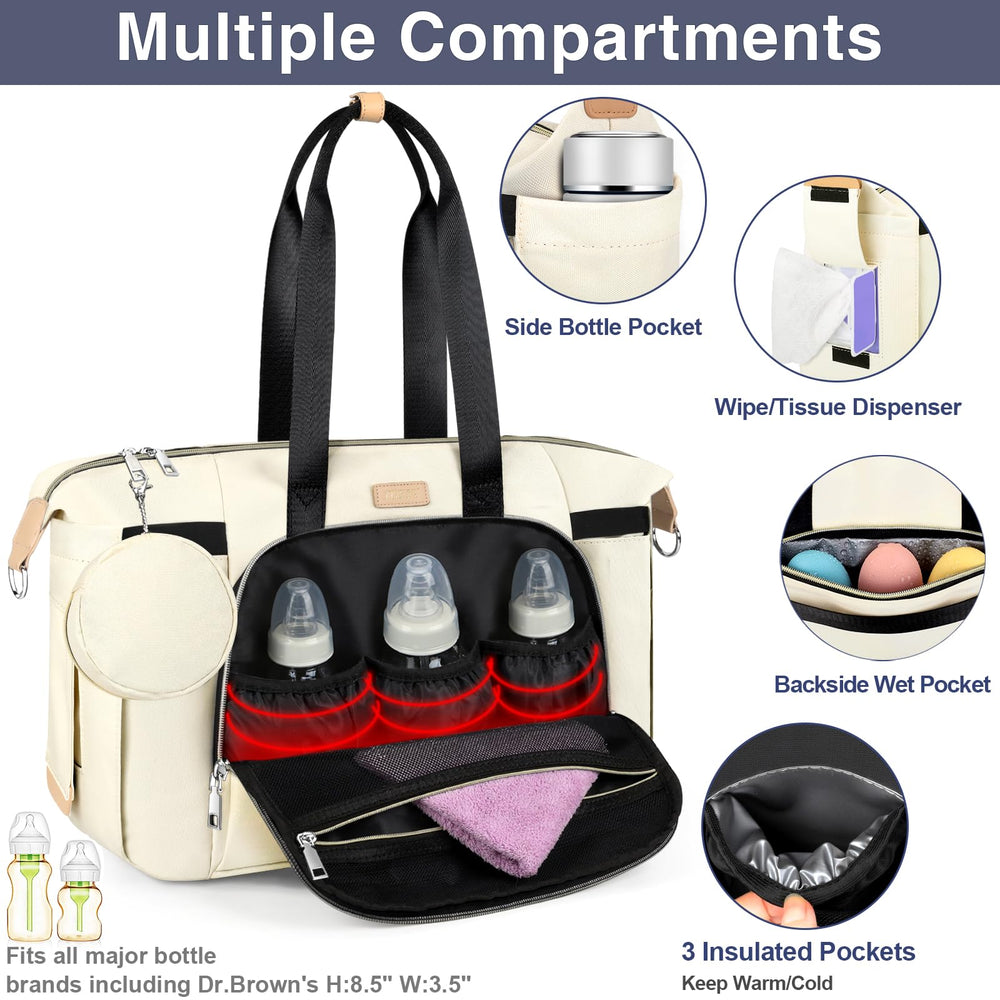 ITIEZY tote interior shows eight pockets for bottles, diapers, and wipes.