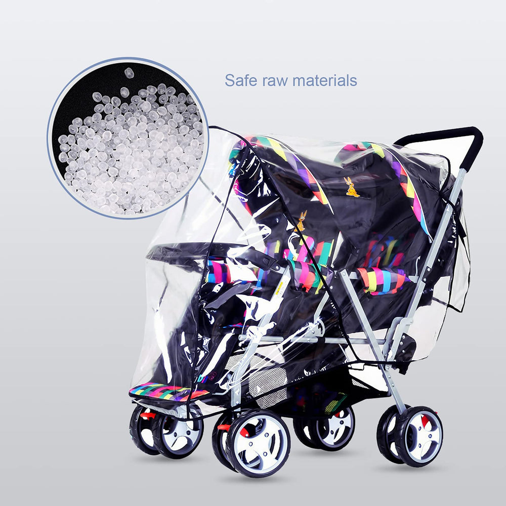 ITODA Tandem Twins rain cover front window provides clear visibility during travel.