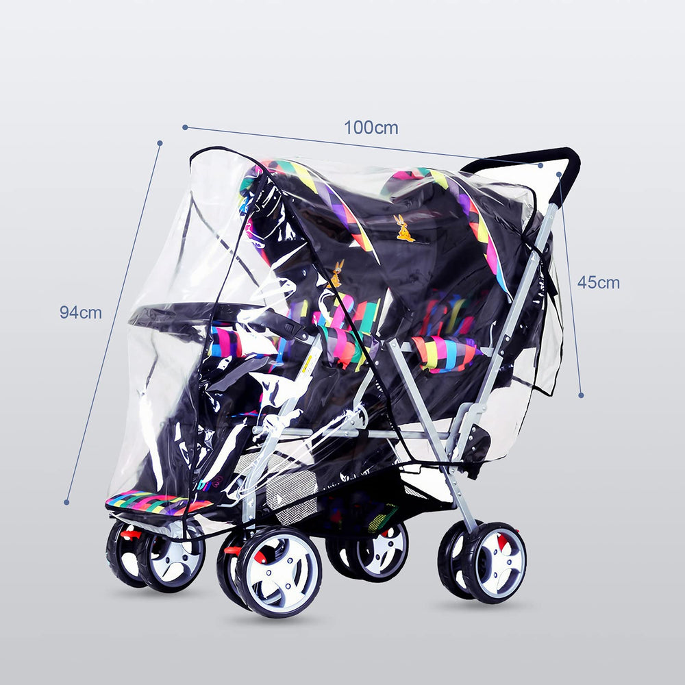 ITODA Tandem Twins rain cover side venting keeps air flowing while shielding kids.