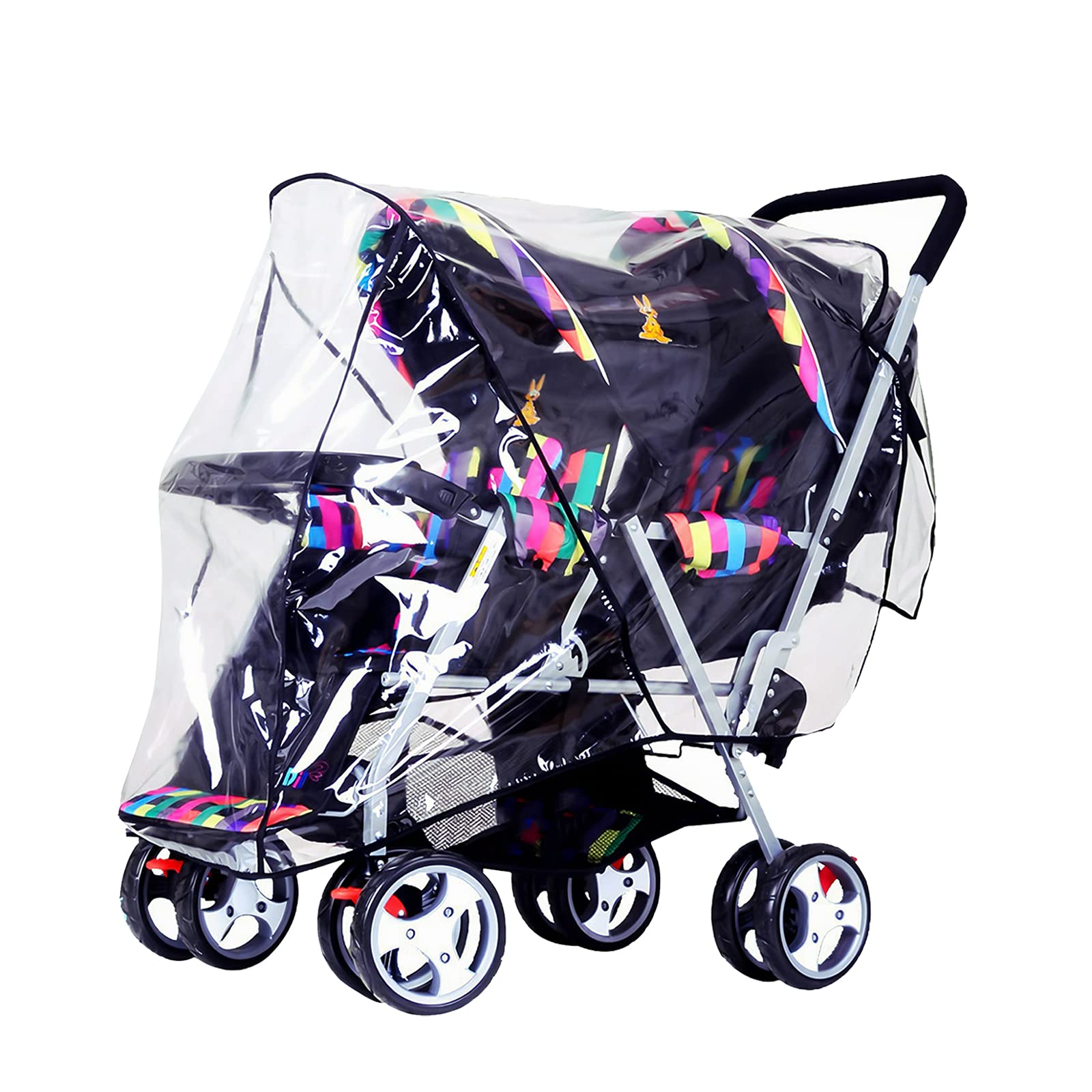 ITODA Tandem Twins rain cover unfolded over double stroller for all-weather protection.