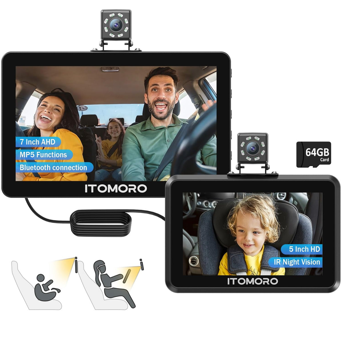 Itomoro baby camera front screen 5in delivers a clear parent view during drives.