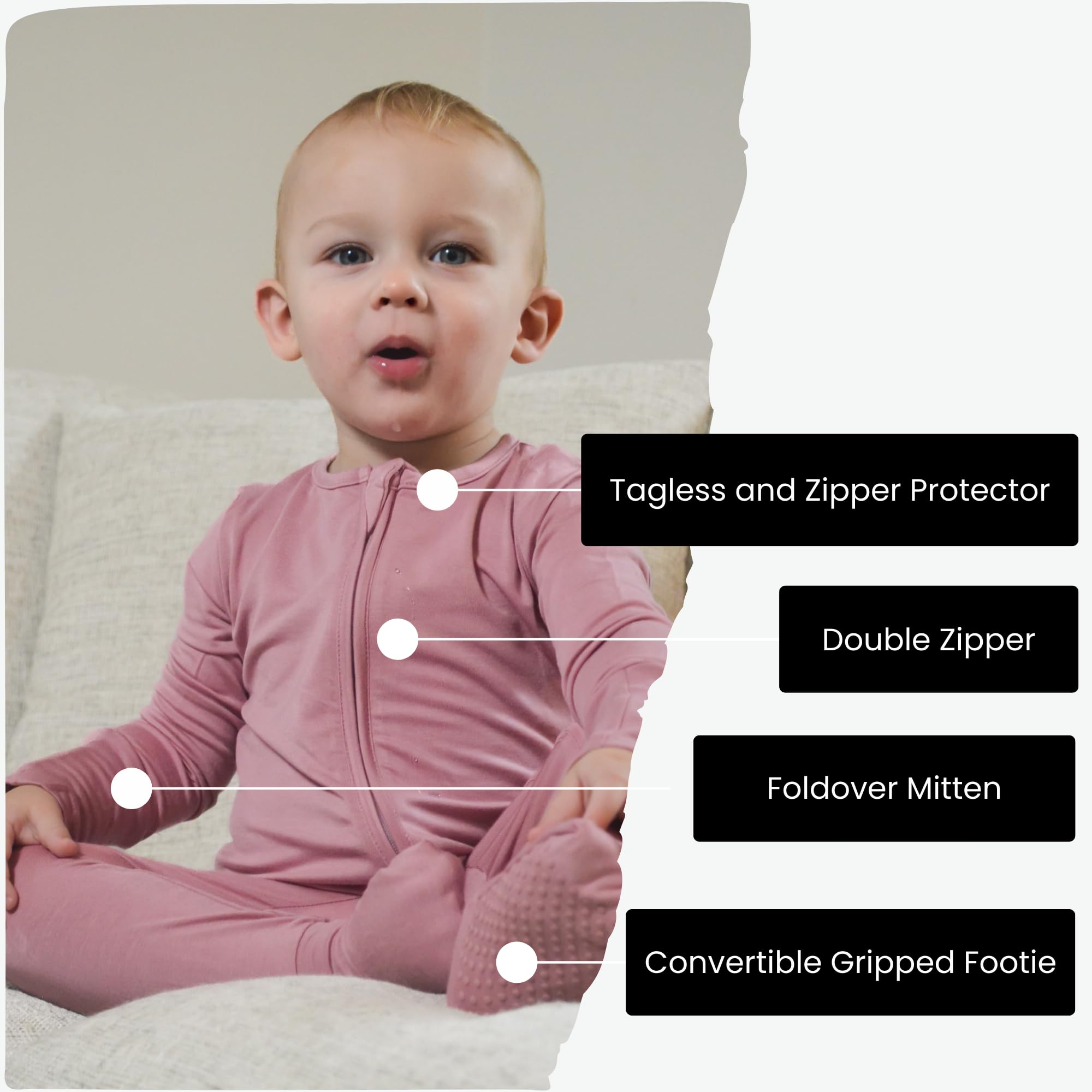Itsy Bitsy Boutique grow-with-me design shown for longer wear as baby grows.