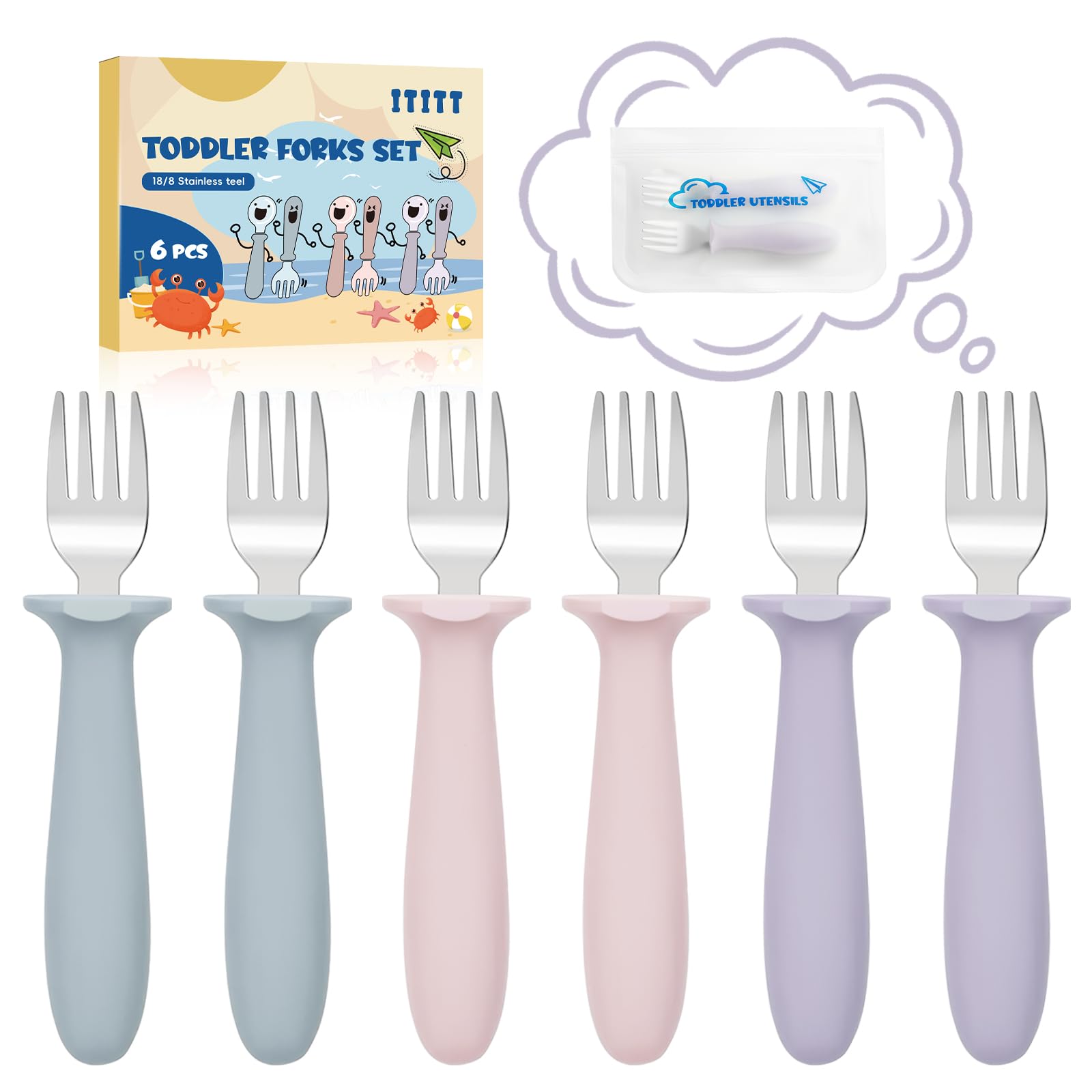 ITITT toddler forks set with silicone handles in soft colors for easy self-feeding