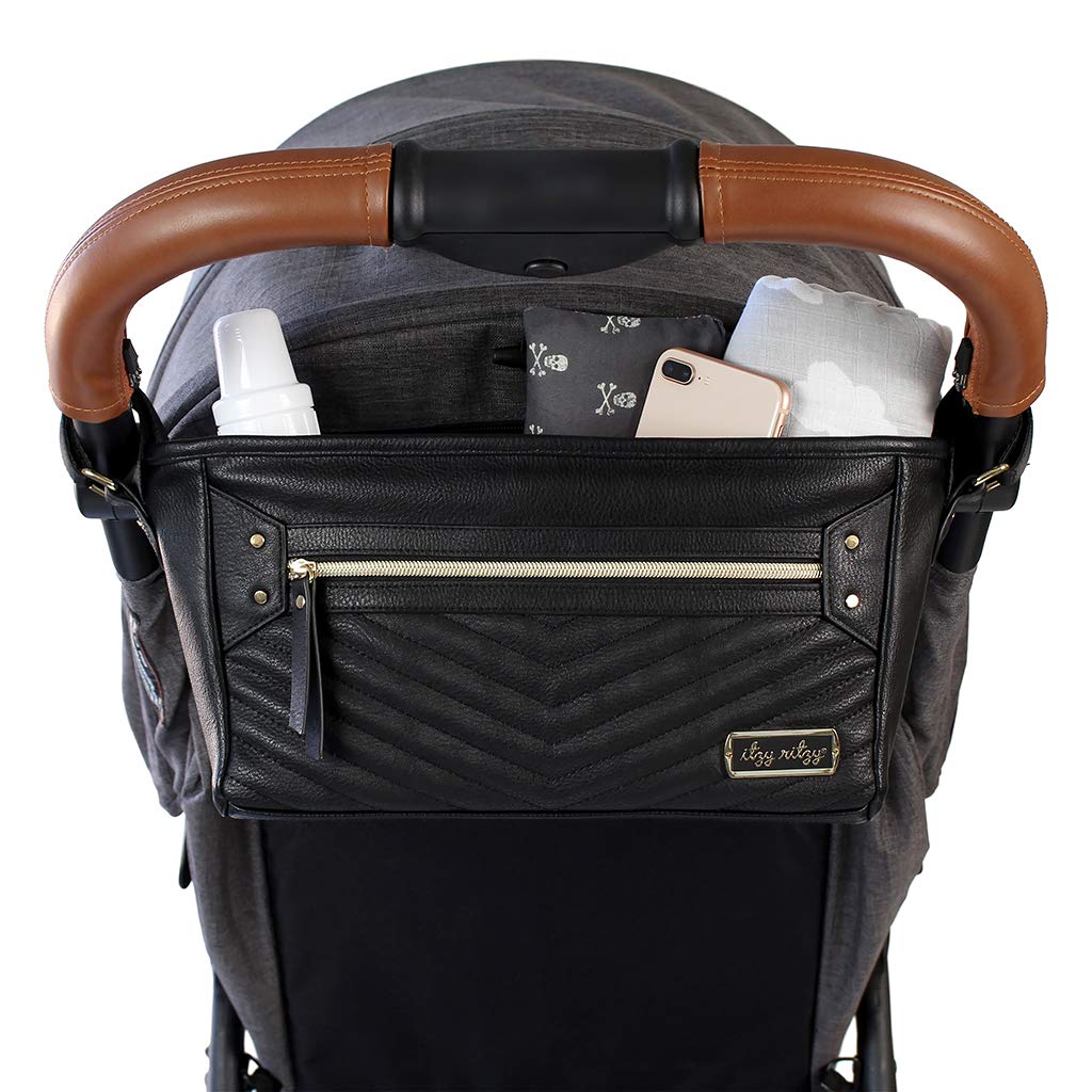 Itzy Ritzy adjustable stroller caddy front-pocket keeps phone within reach during walks.