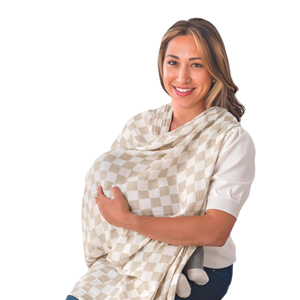 Itzy Ritzy Breastfeeding Boss cover worn for discreet nursing on the go.