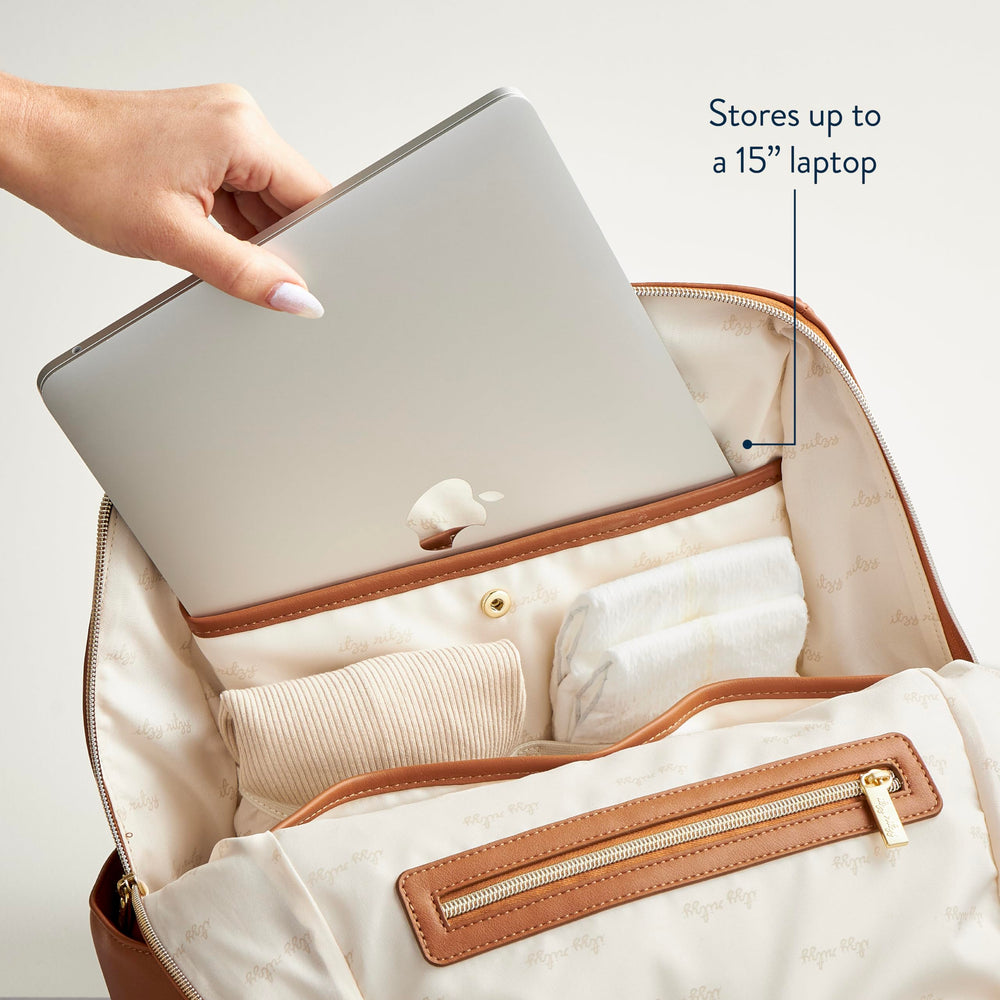 Itzy Ritzy Eras Diaper Bag Backpack changing pad pocket enables quick, clean diaper changes anywhere.