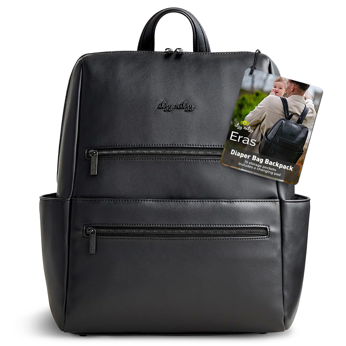 Itzy Ritzy Eras Diaper Bag Backpack front view highlights vegan leather and neutral style.