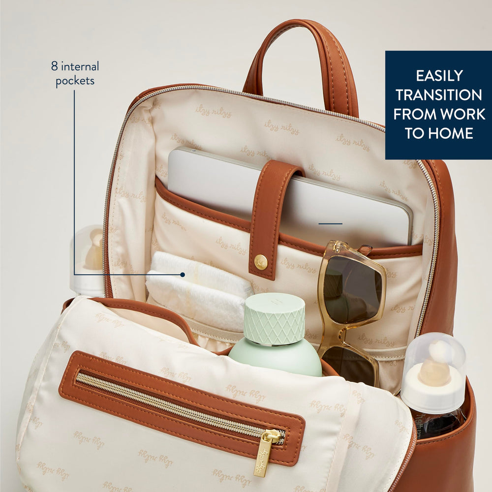 Itzy Ritzy Eras Diaper Bag Backpack trolley sleeve simplifies airport travel.