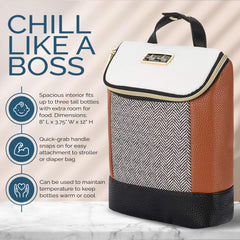 Itzy Ritzy insulated bottle bag vegan-leather finish pairs stylishly with outfits and accessories.