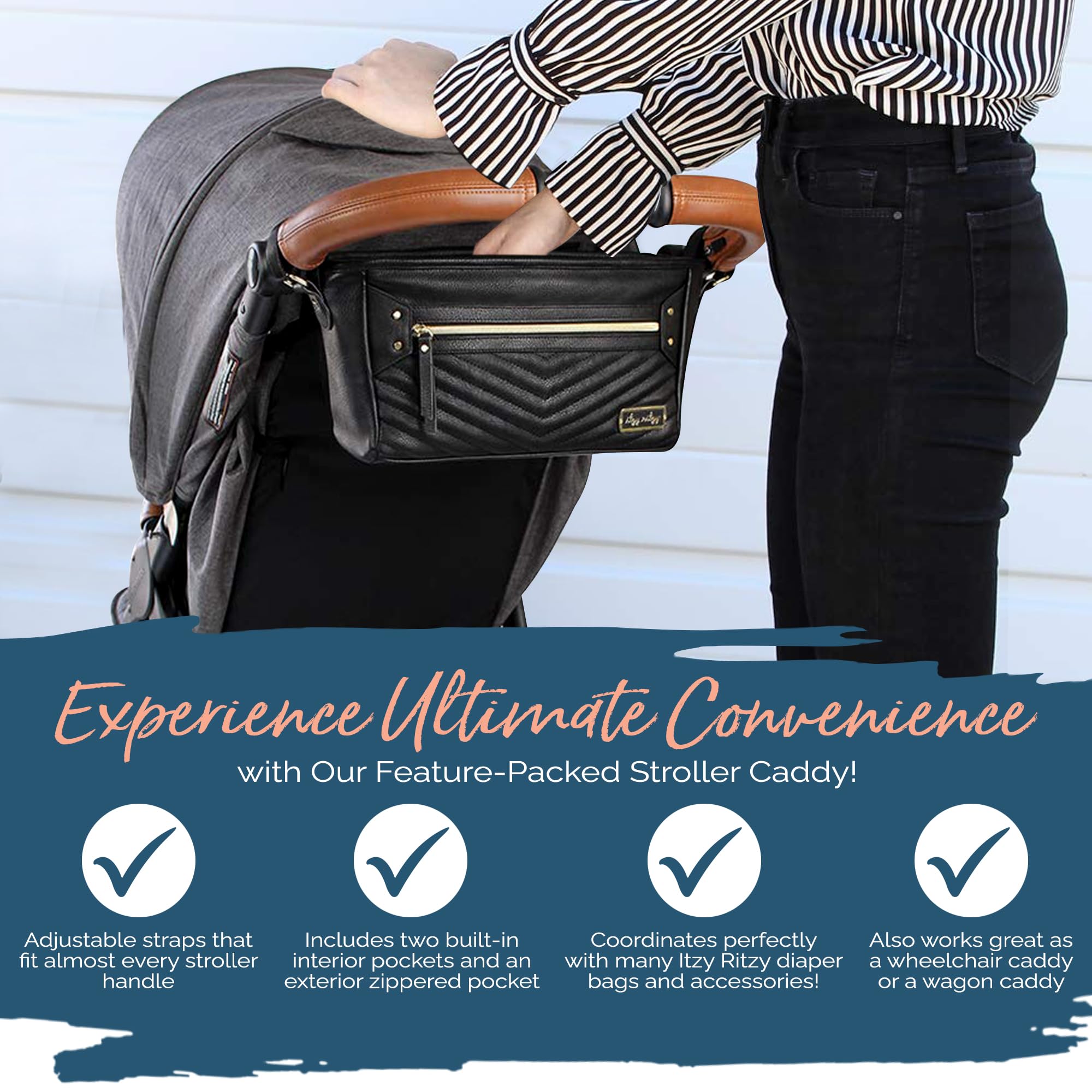 Itzy Ritzy stroller caddy external zippered pocket secures keys and phone instantly.