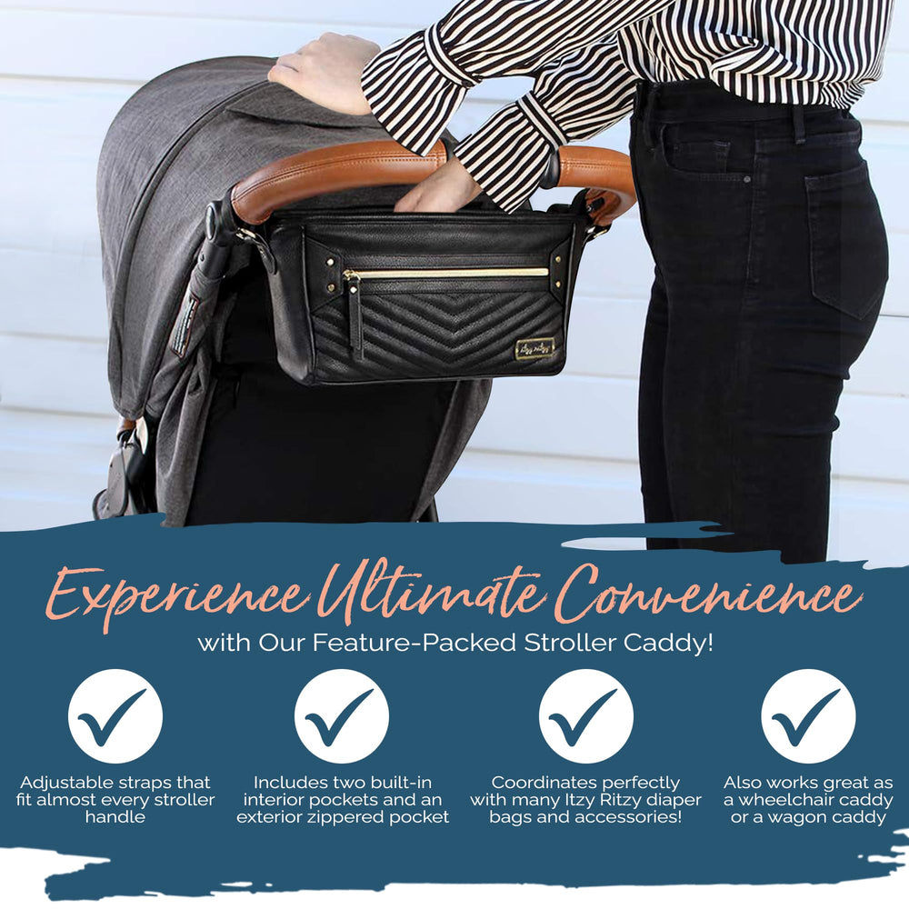 Itzy Ritzy stroller caddy external zippered pocket secures keys and phone instantly.