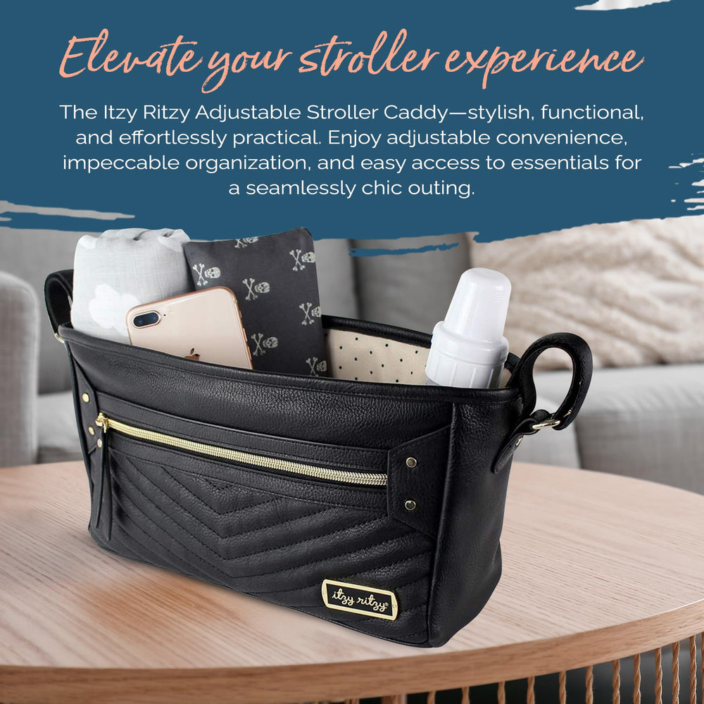 Itzy Ritzy strap-adjustment system fits most handles for quick on/off.