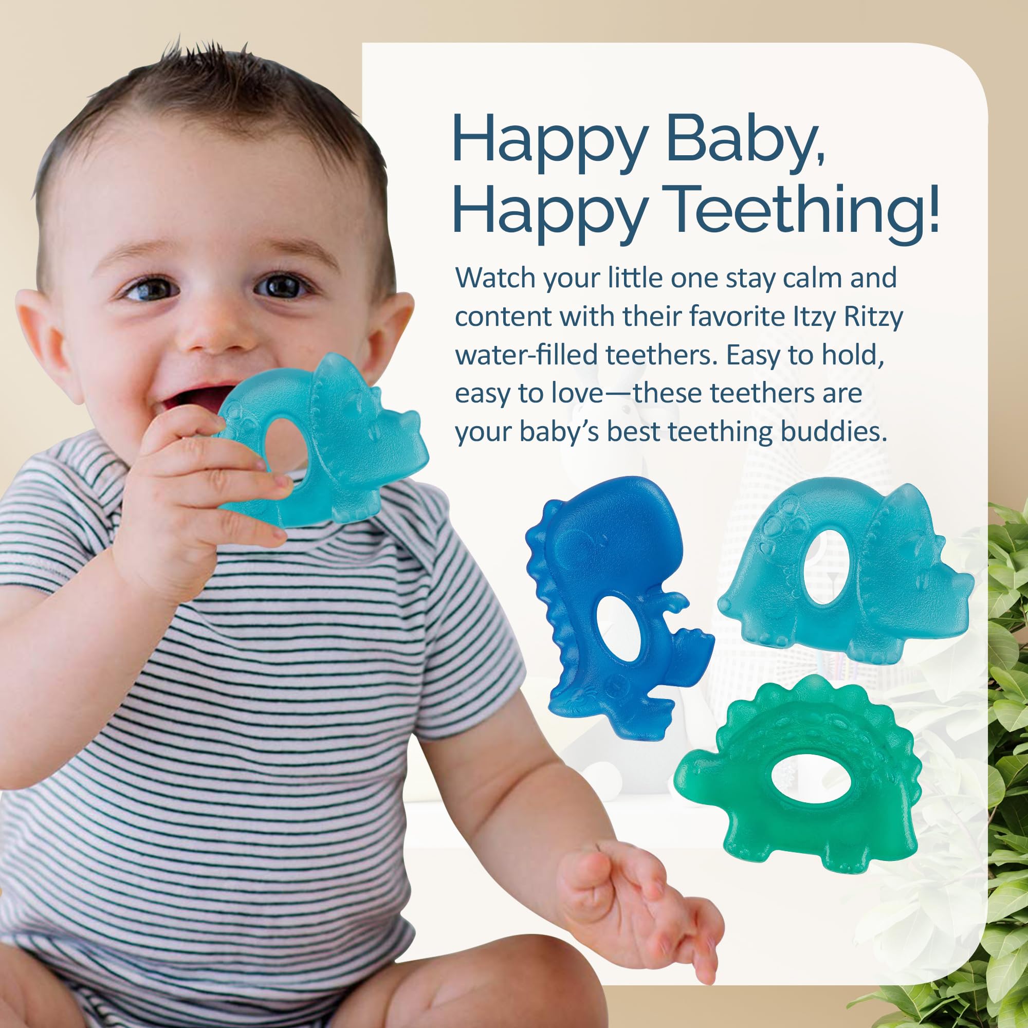 Open ergonomic design teether promoting secure, comfortable hold.