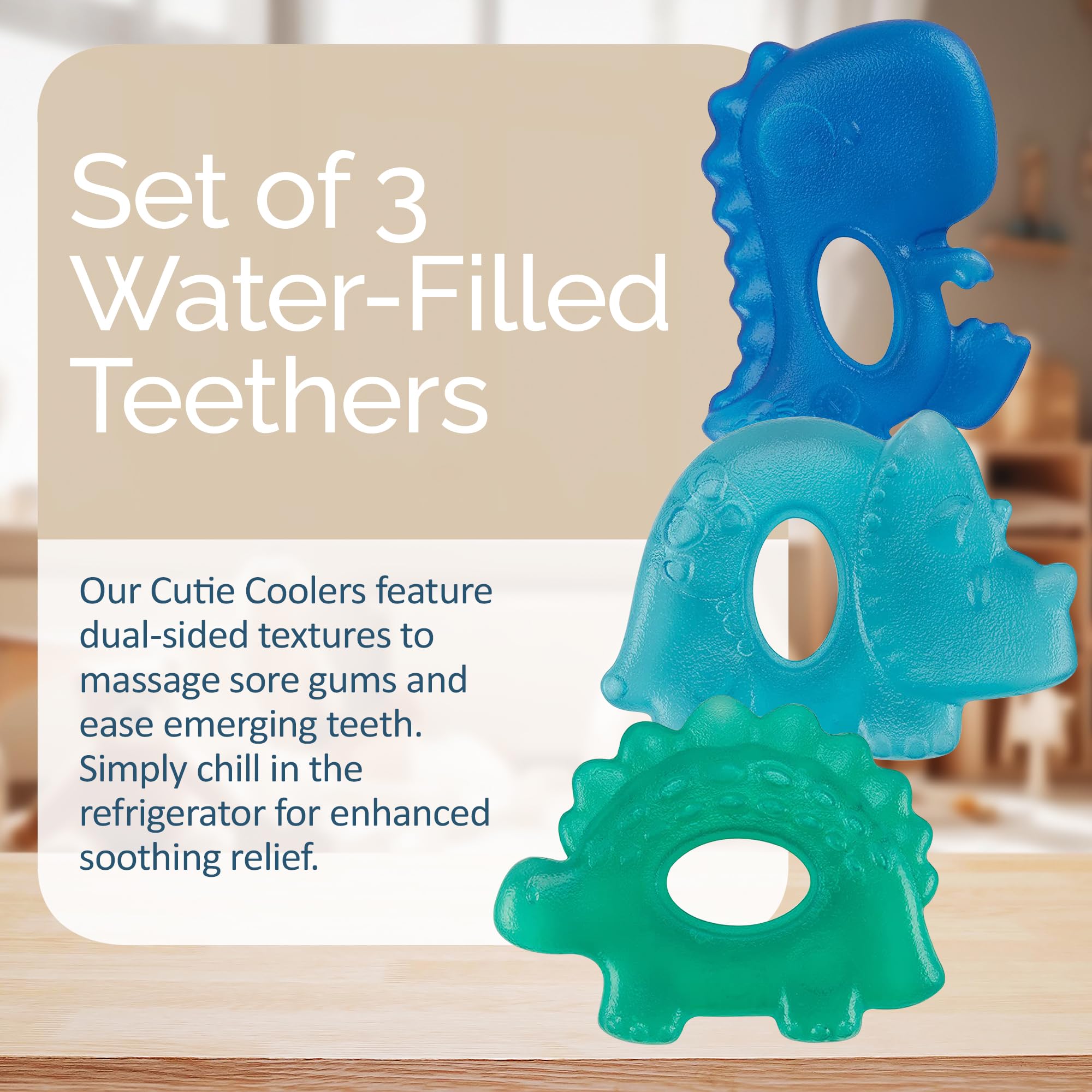 Itzy Ritzy teether close-up showing textured surfaces for gum massage.