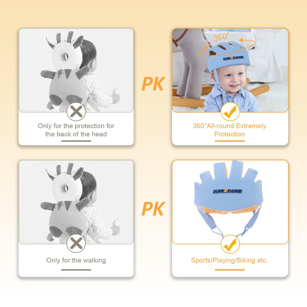 IULONEE baby head protector blue being worn by a baby during play