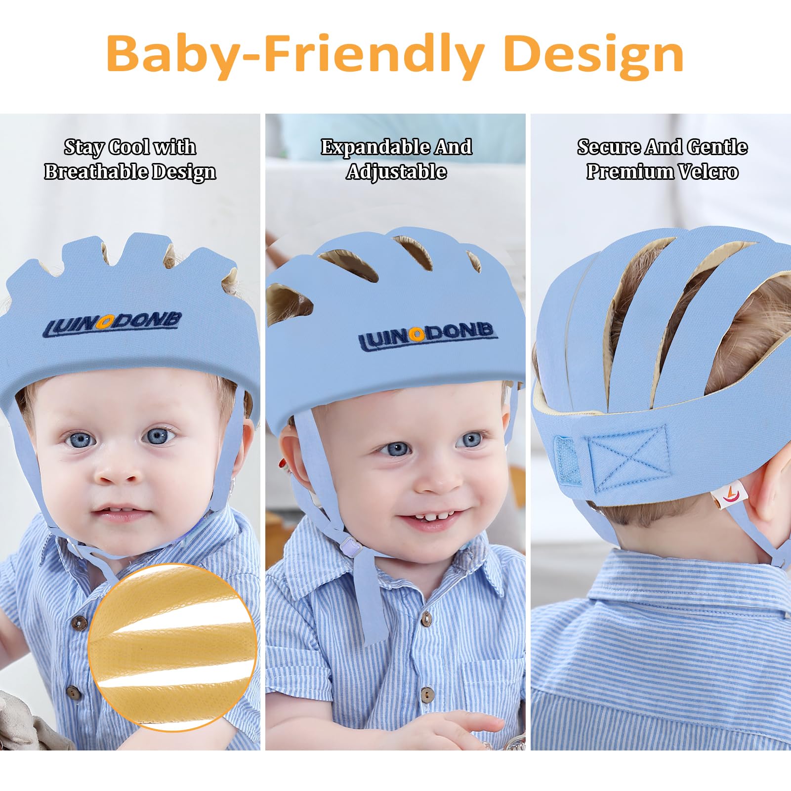 IULONEE baby head protector blue strap adjustment demonstrates easy sizing