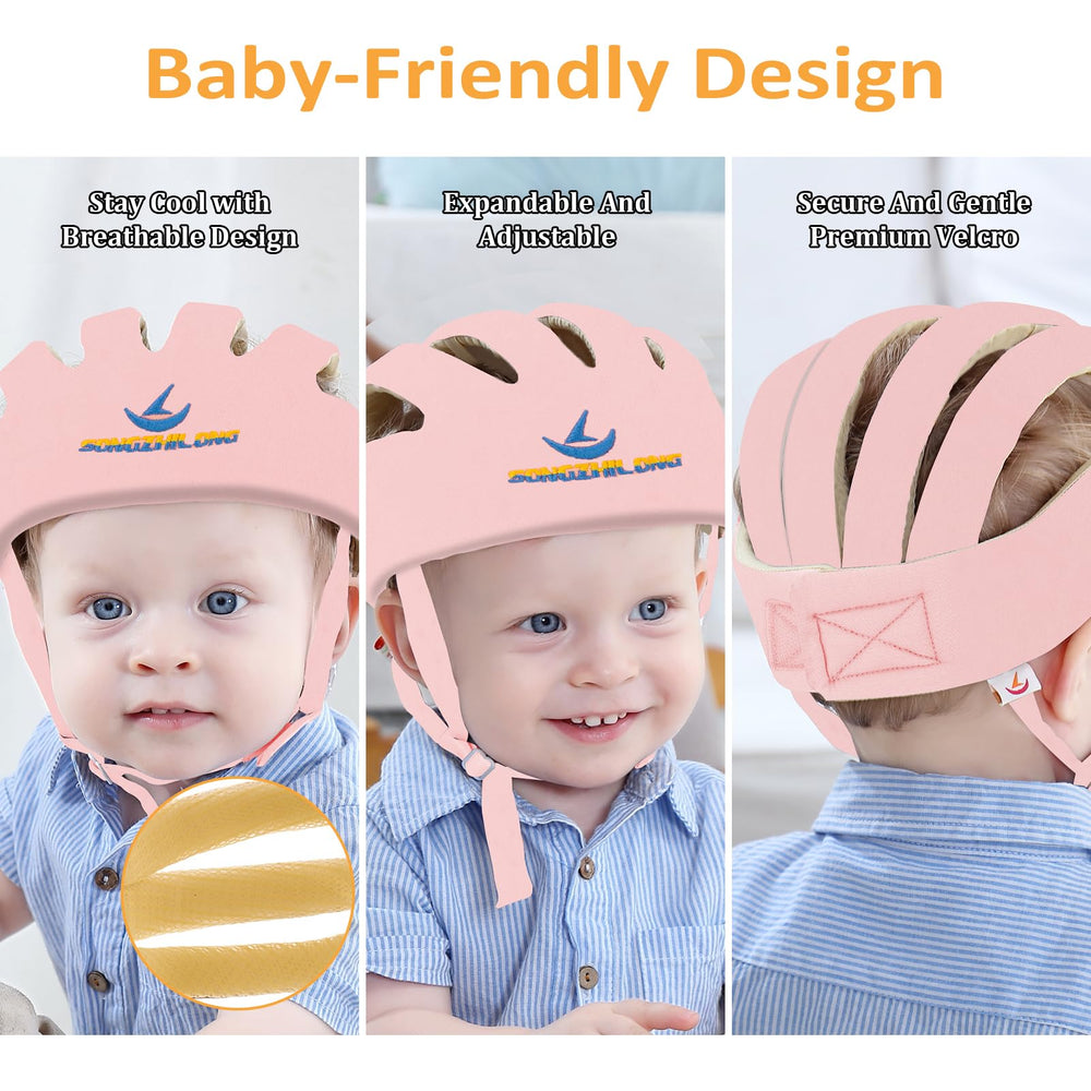 IULONEE Baby Head Protector back view highlights breathable top for cooling.