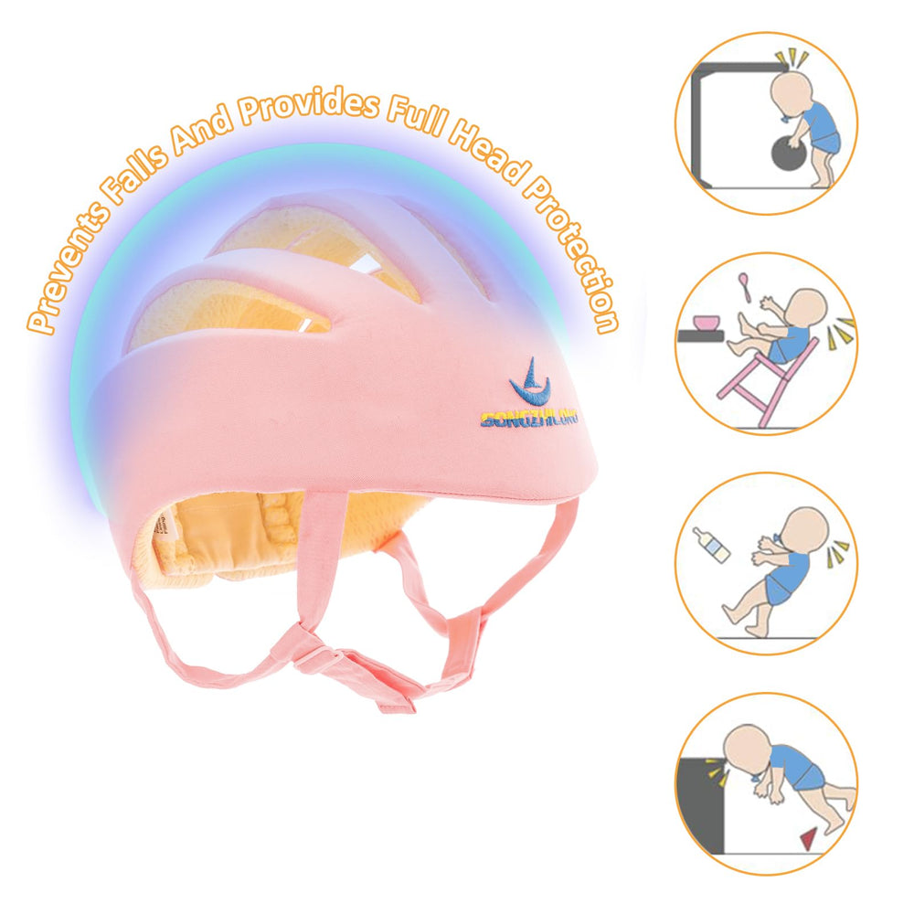 IULONEE Baby Head Protector worn on baby during crawling demonstrates soft, skin-friendly comfort.