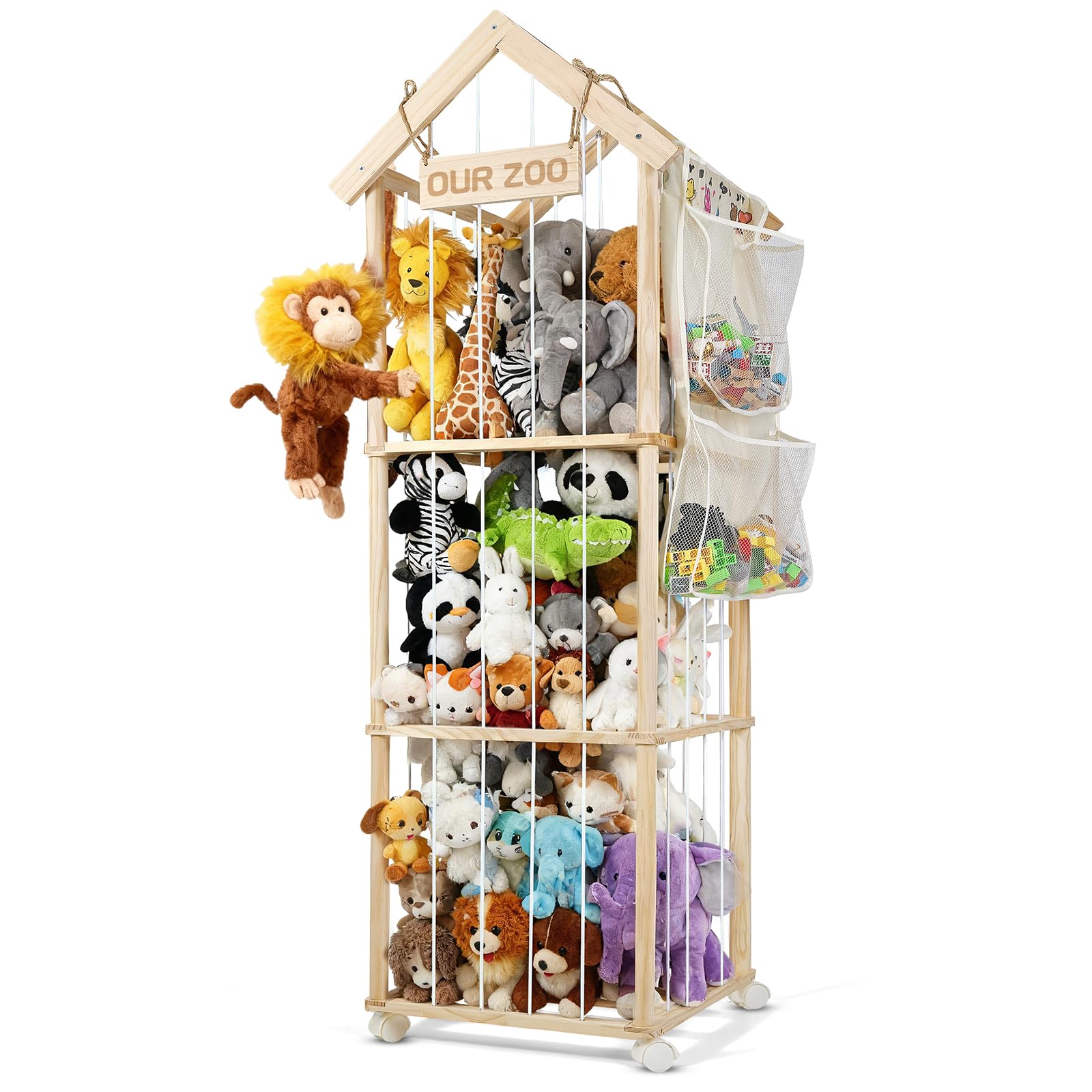 iuuoi stuffed animal storage organizer front view shows easy-access shelves for quick toy retrieval.