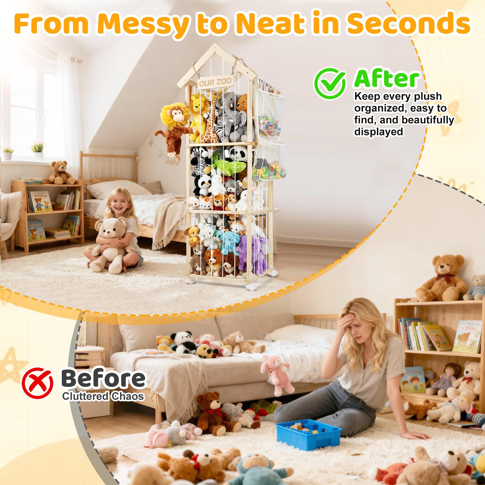 iuuoi stuffed animal storage organizer open-shelves enables independent toy pickup and tidy cleanup.