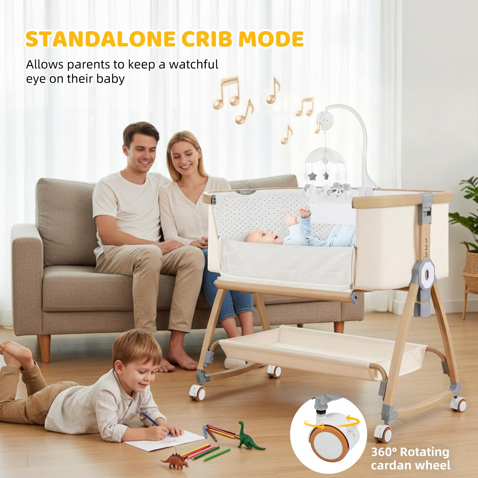 IUVKIMOM Bassinet frame with wood grain design fits bed height seamlessly.