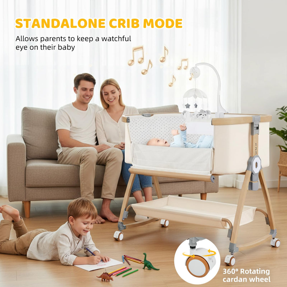 IUVKIMOM Bassinet frame with wood grain design fits bed height seamlessly.