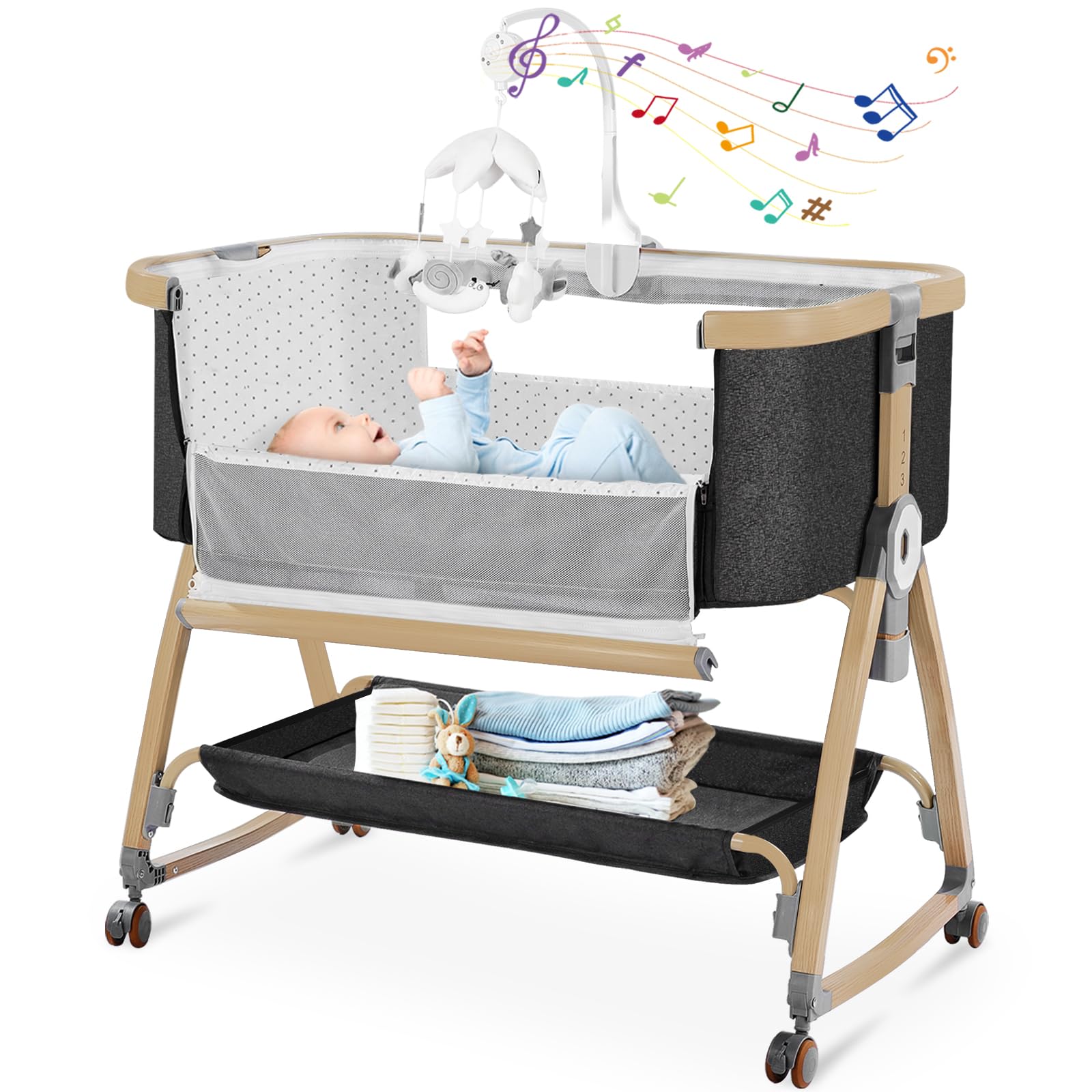 IUVKIMOM bedside bassinet showing 3-in-1 mosquito net setup for safe close-to-parent sleep.