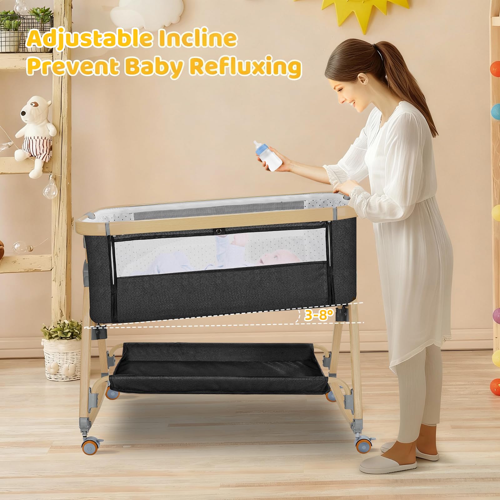 IUVKIMOM 6-height adjustable bassinet aligned with varied bed heights.