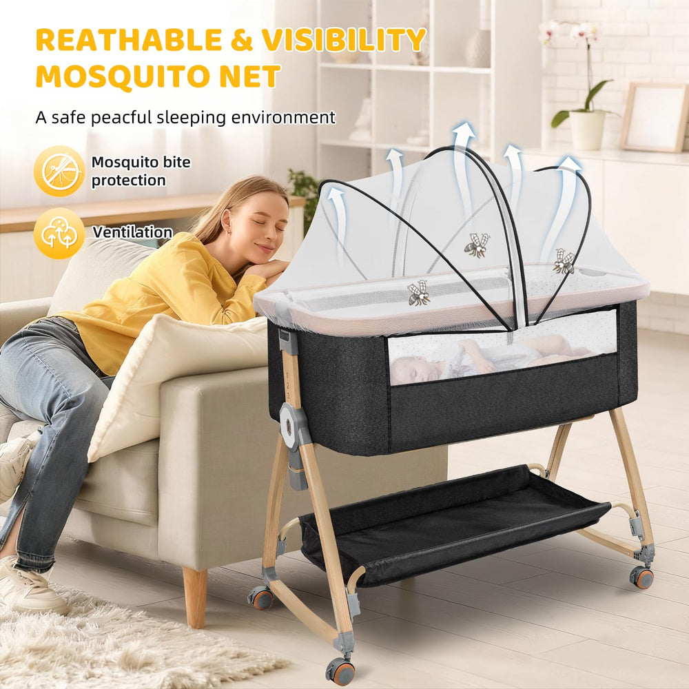 IUVKIMOM aluminum-frame bassinet detail highlighting sturdy, smooth wood-grain finish.