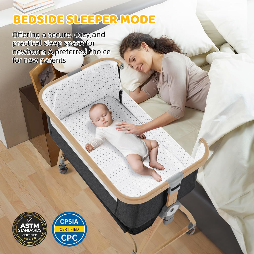 IUVKIMOM bedside bassinet attached to bed with baby inside for easy nighttime access.