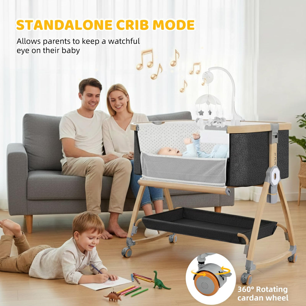 IUVKIMOM bedside bassinet in rocking mode to soothe baby to sleep.
