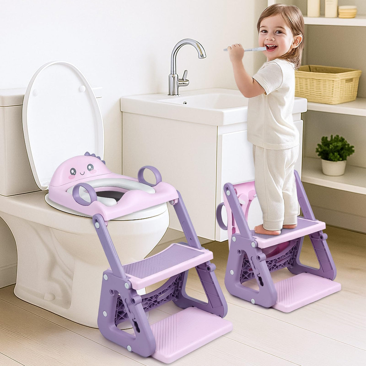IvyWind potty seat with step stool pink provides easy toddler toilet access.