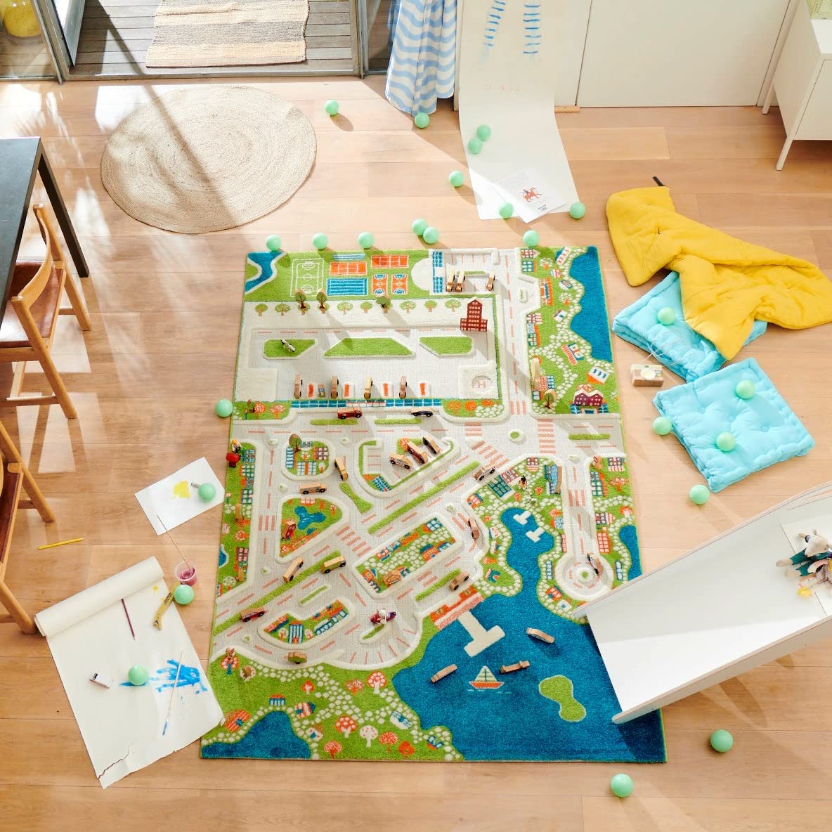 IVI Mini City 3D play mat rug with colorful roads for imaginative, screen-free play.