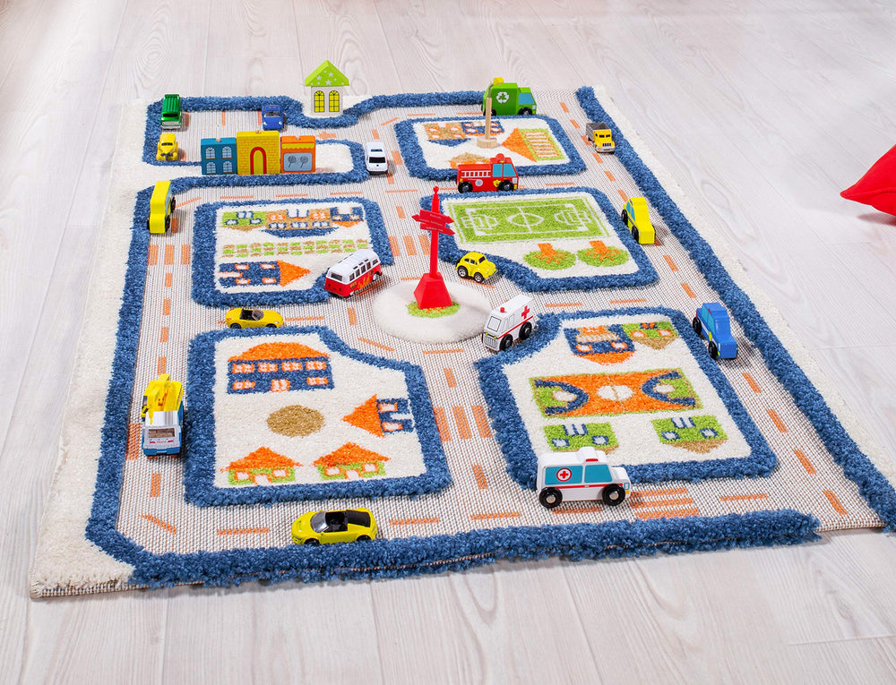 IVI Thick 3D play mat town design with soccer field and roads for imaginative play.