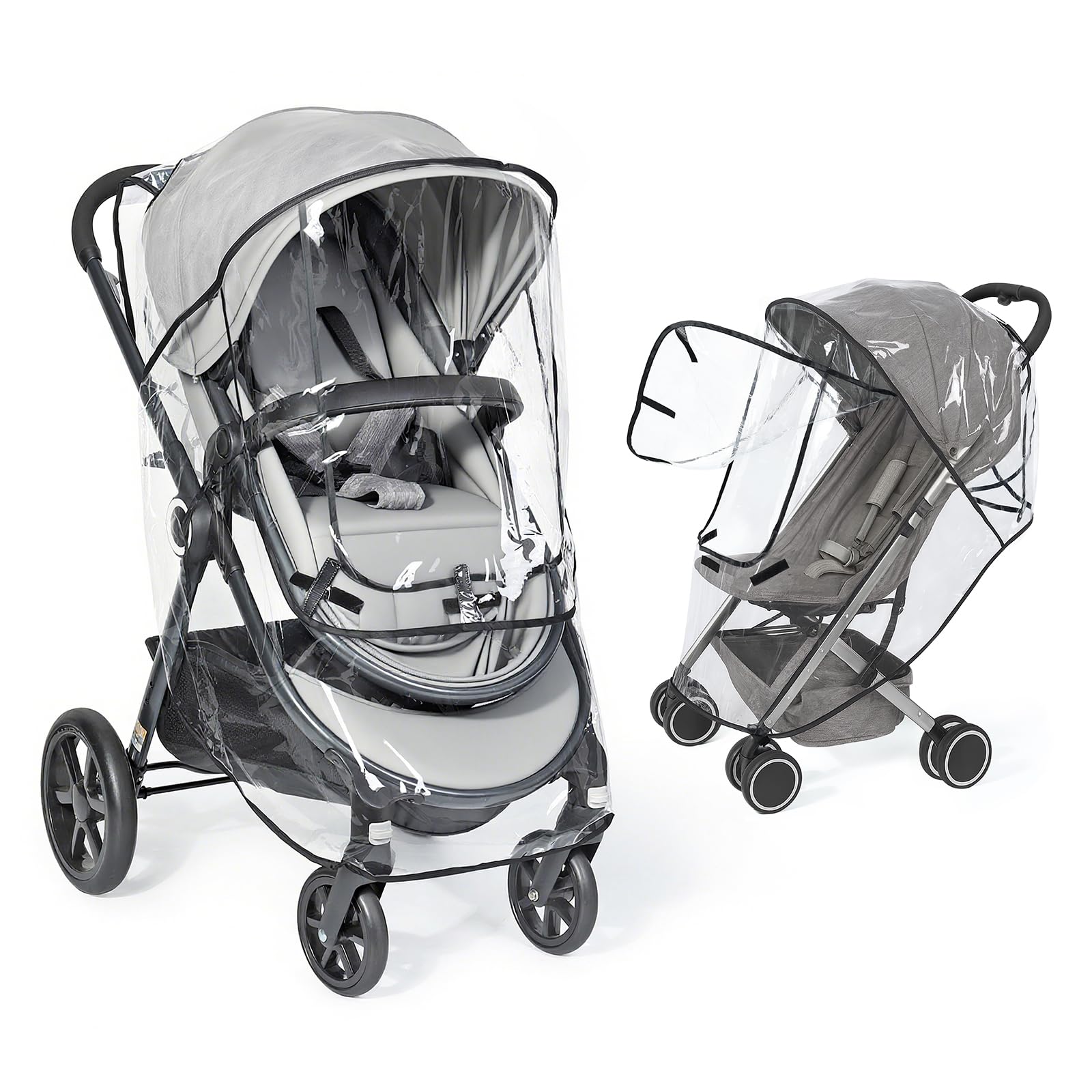 IvyWind universal clear stroller rain cover with lid open, easy baby access in rain.