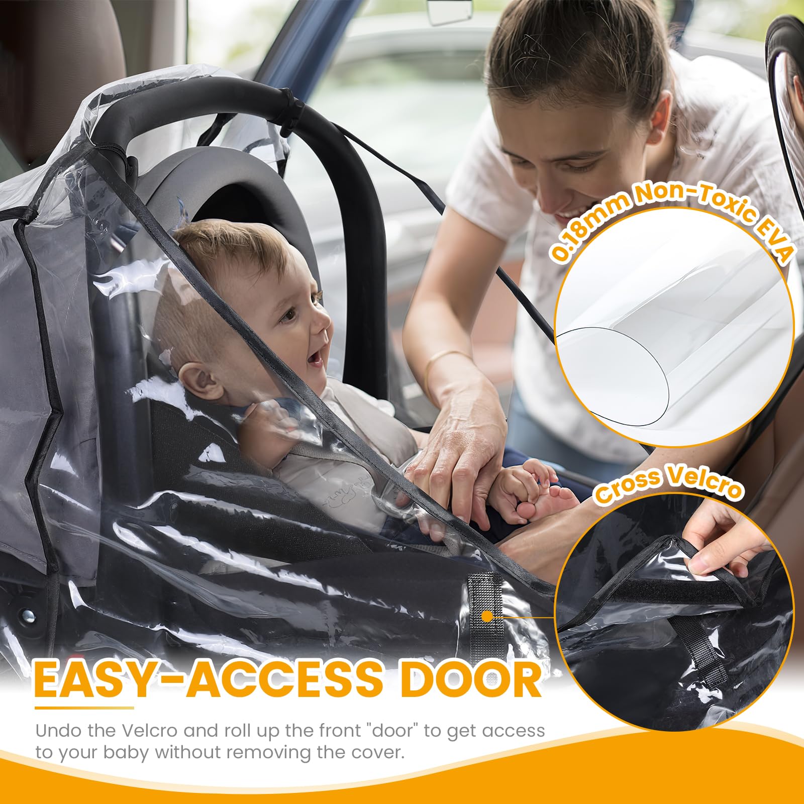 IvyWind car seat rain cover breathable-front-door promotes airflow while keeping weather out.
