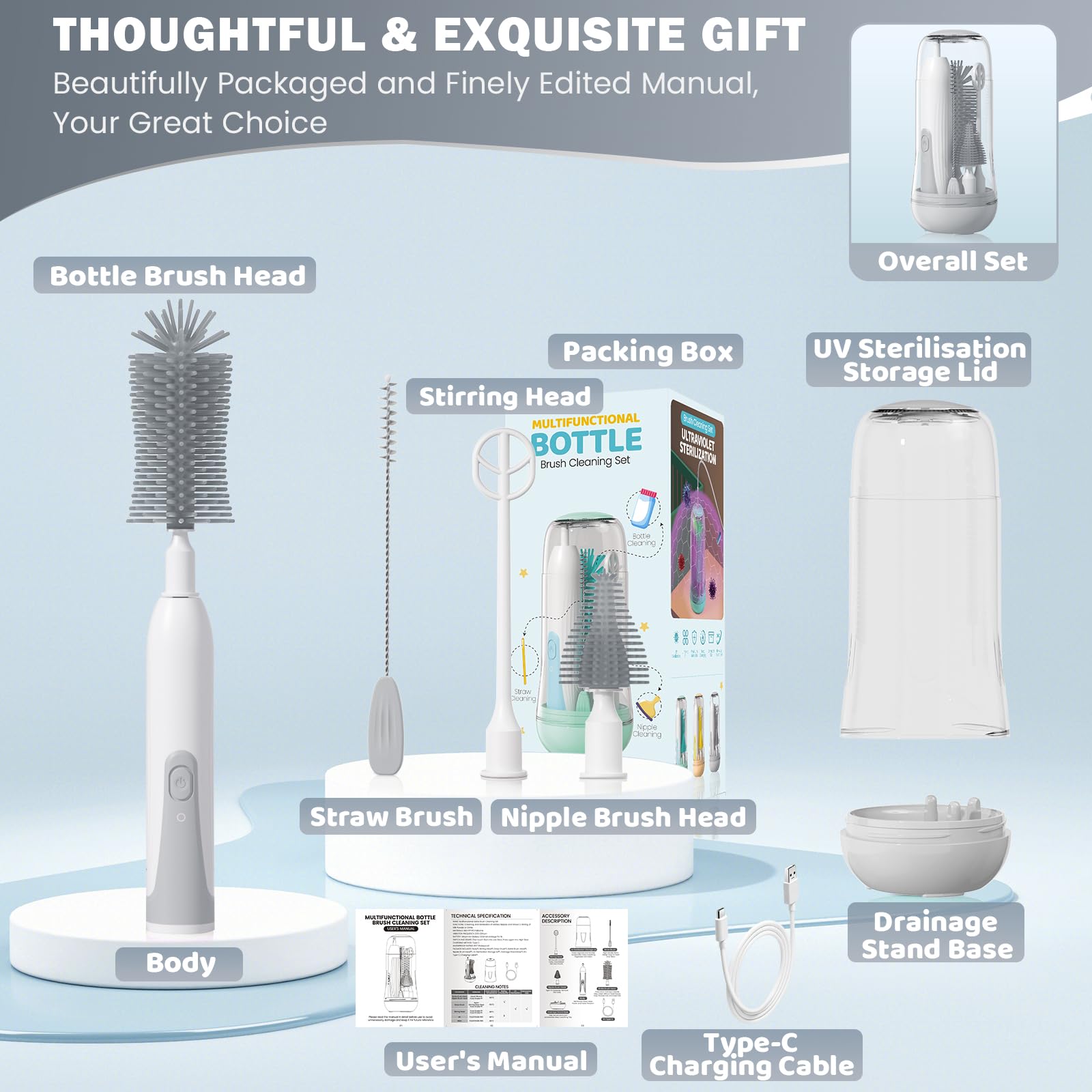 IvyWind rechargeable bottle cleaner with IPX7 waterproofing for durable use near water.