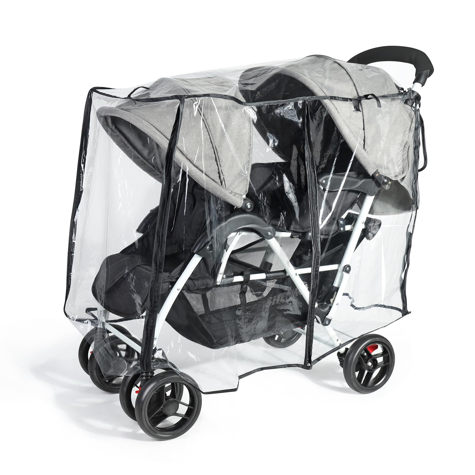 IvyWind double stroller rain cover seen from the front, offering full weather protection