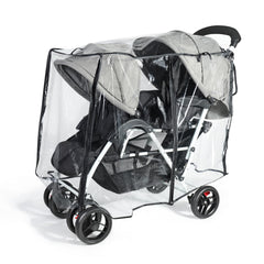 IvyWind double stroller rain cover seen from the front, offering full weather protection