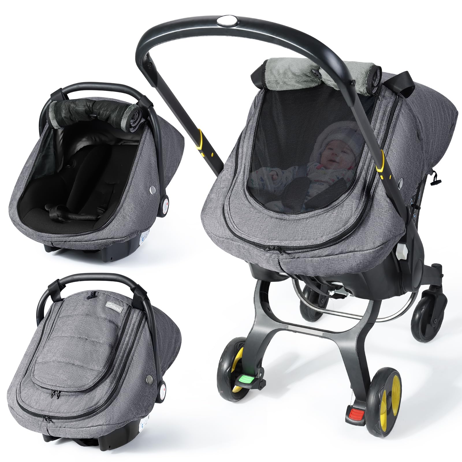 IvyWind winter baby car seat cover in dark gray keeps baby warm on cold car rides.