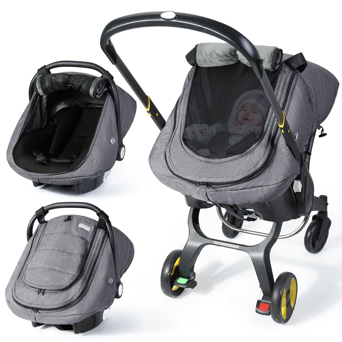 IvyWind winter baby car seat cover in dark gray keeps baby warm on cold car rides.