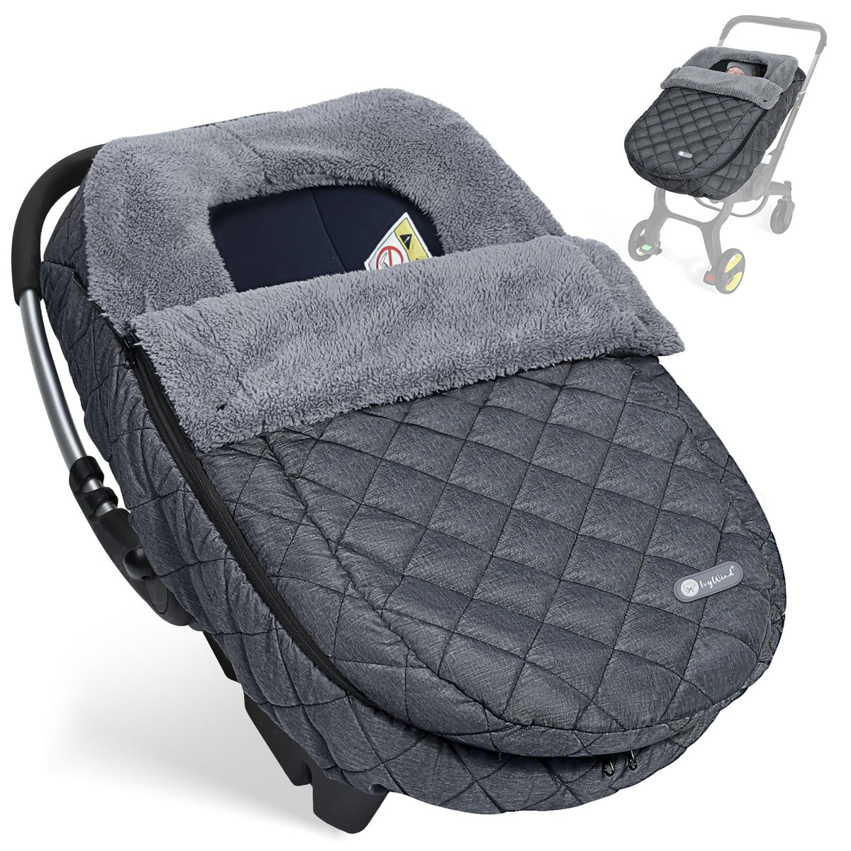 IvyWind Winter Car Seat Cover showing button-secured wind protection for warmth.