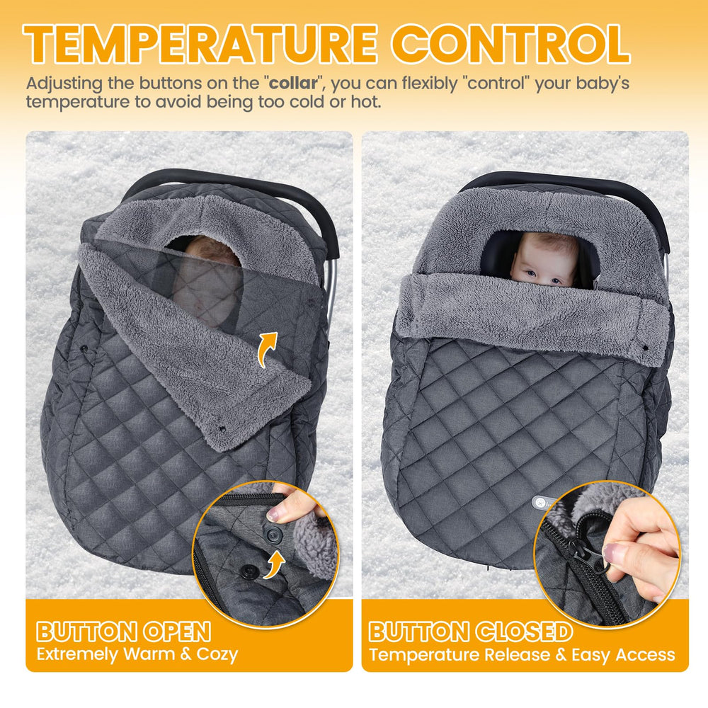 IvyWind car seat cover close-up of buttons prevents wind-blown openings.