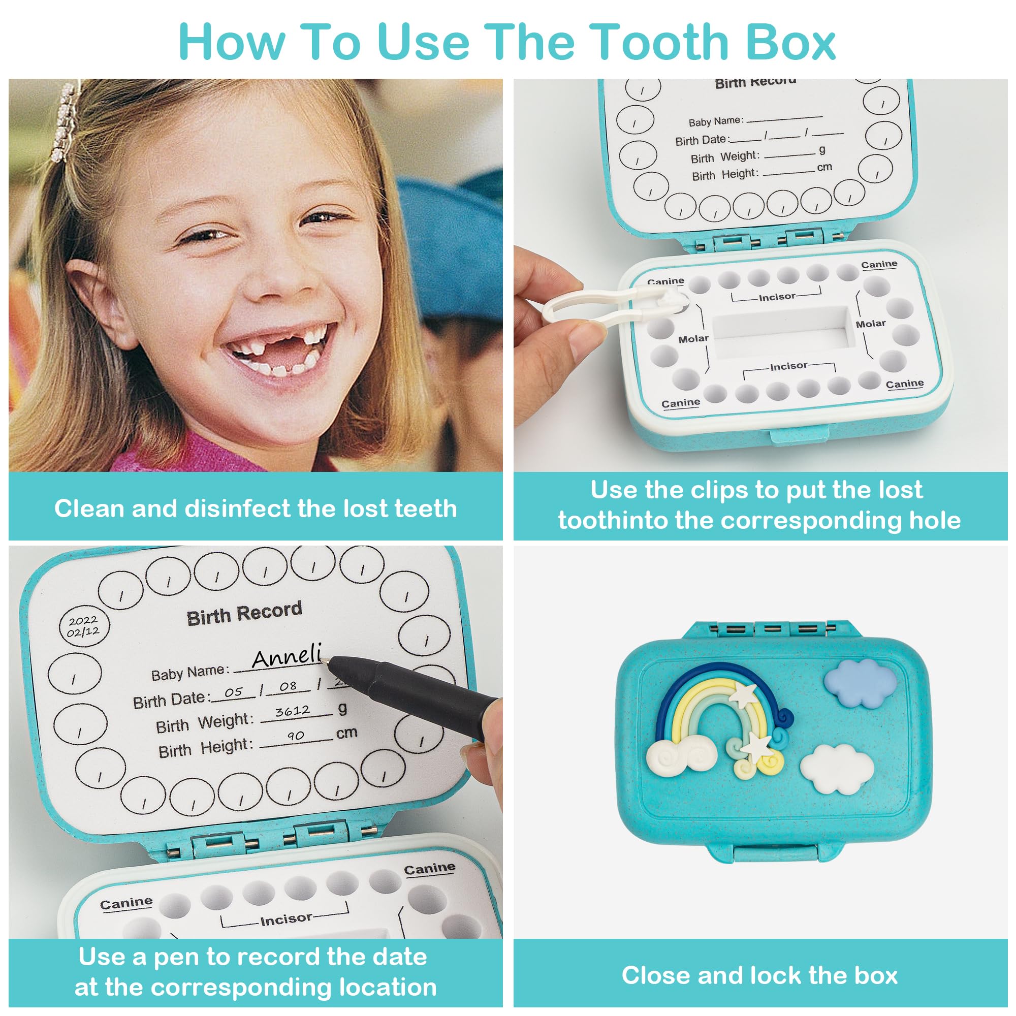 iweener Tooth Saver box open lid reveals labeled inner sections for neat storage.